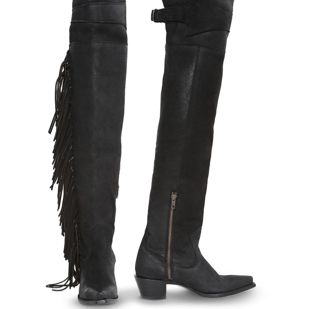 Stetson thigh high fringe cowboy boots, black, size 5 - 5.5